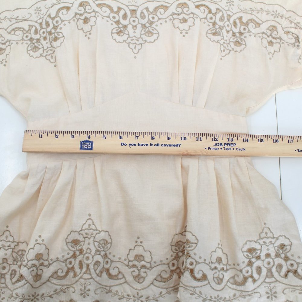 Vintage 80s Dress Ramie Cotton Lace Cutwork Embroidery Peplum Beige Midi 8 - Picture 12 of 15